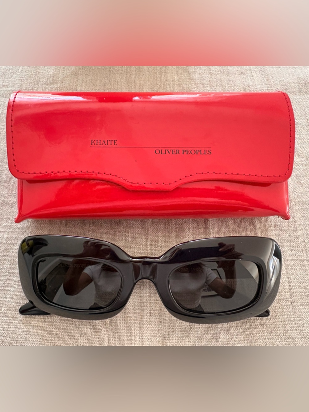 Oliver Peoples/KHAITE Black Women's Rectangular Sunglasses with Red Patent Case